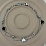Çelik İki Katmanlı Siyah Beyaz Kalp ve Taş Detaylı Zincir Halhal