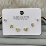 Taşlı Kalp ve Çiçek Mini Küpe Seti