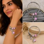 Pembe Kalp Taşlı Kelebek Figürlü Charm Bileklik