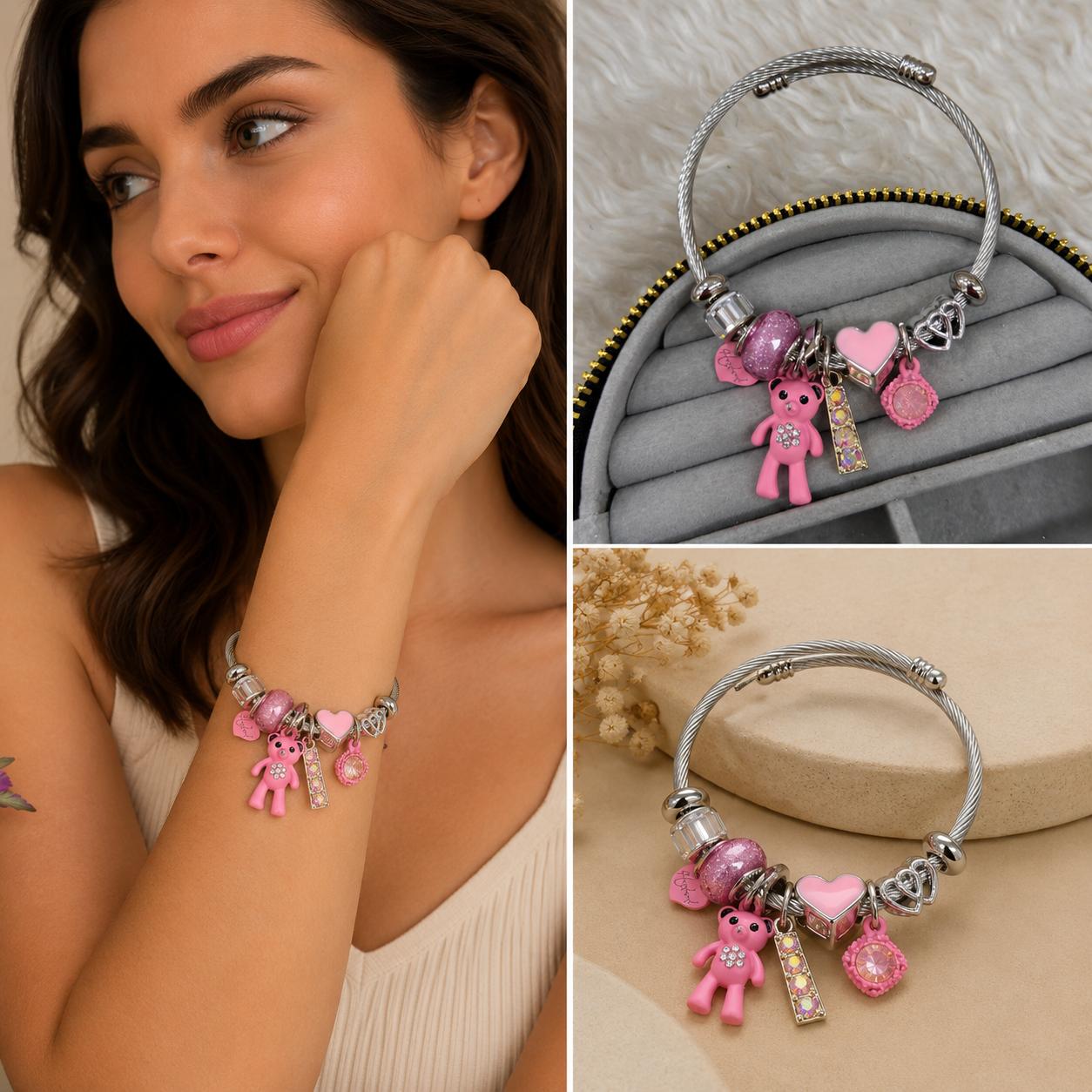 whatsapp-image-2026-07-07-at-09-9.jpg Pembe Ayıcık ve Kalp Figürlü Charm Bileklik - Görsel 1