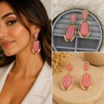 Pembe Taş Detaylı Gold Geometrik Sallantılı Küpe
