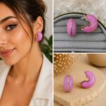 Pembe Mineli Gold Detaylı Halka Küpe