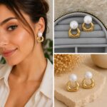 İnci Detaylı Gold Geometrik Küpe
