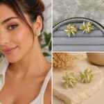 Üç Renk Yaprak Desenli Taş Detaylı Çiçek Küpe