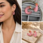 Pembe Şeffaf Gold Detaylı Halka Küpe