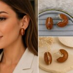 Kahve Mineli Gold Detaylı Halka Küpe