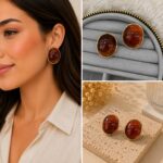 Kehribar Görünümlü Gold Çerçeveli Oval Küpe