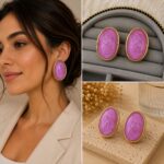 Pembe Mermer Desenli Oval Gold Küpe