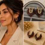 Kahverengi Geometrik Reçine Detaylı Gold Halka Küpe