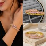 Pembe Zirkon Taşlı Gold Renk Su Yolu Kelepçe Bileklik