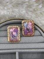 Gold Çerçeveli Mor Pembe Desenli Dikdörtgen Küpe