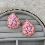 Pembe Çiçek Desenli Damla Form Kadın Küpe