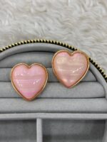 Pembe Kalp Figürlü Gold Çerçeveli Küpe - Görsel 3