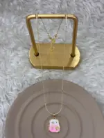 Gold Renk Deniz Temalı Pembe Mineli Dikdörtgen Kolye - Görsel 2
