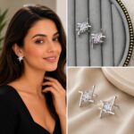 Silver Renk Geometrik Tasarım Tek Taş Detaylı Kadın Küpe