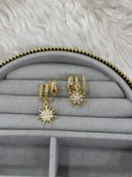 Güneş Figürlü Taşlı Gold Renk Sallantılı Küpe - Görsel 3