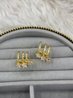 Üçlü Yıldız Taşlı Gold Renk Küpe - Görsel 3