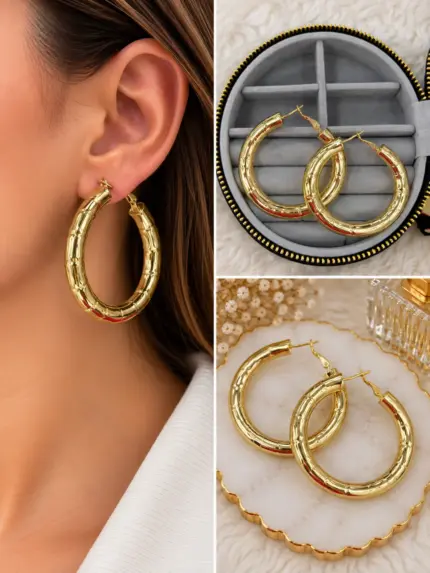 Dokulu Gold Kalın Halka Küpe