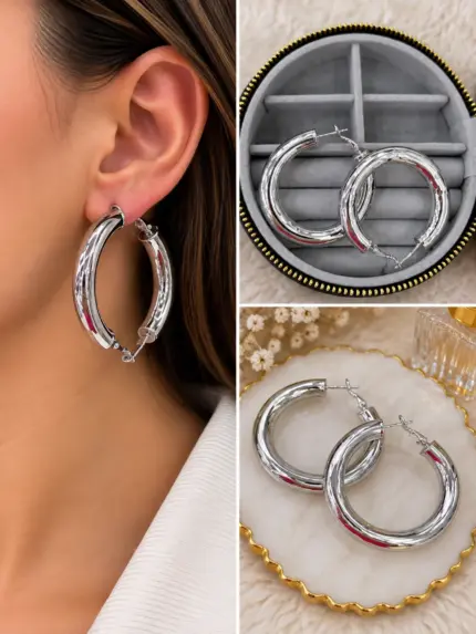 Dokulu Silver Kalın Halka Küpe