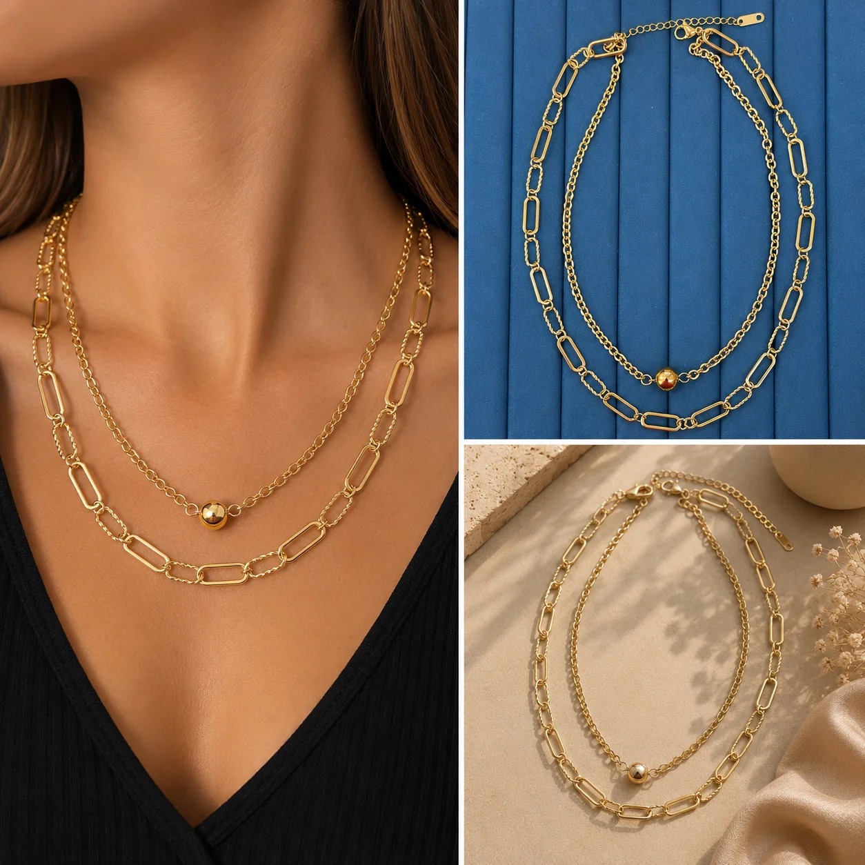 FA-KL-0279_01 Gold Renk 2'li Katmanlı Geometrik Zincir Top Detaylı Kolye - Görsel 1