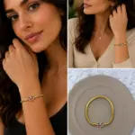 Renkli Taş Detaylı Kalp Gold Charm Bileklik